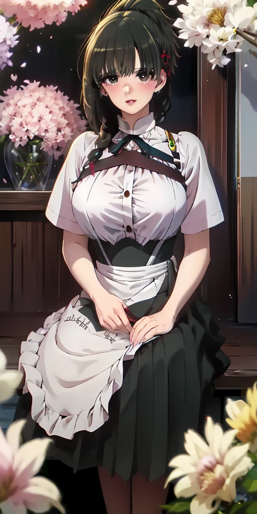 (best quality, masterpiece), (ultra high resolution, 8K RAW photo, photo realistics:1.5, textile shading, thin outline, clear focus:1.2), Beautuful Matured woman preparing tea-time in the garden, standing by the round table, (tea set, tea pot, tea cups, some cakes on dish), classy art deco style table, wearing light_brown maid uniform, breast cleavage, maid costume:1.2, long flare skirts, apron, bow ties on thechest, long tall sally, long legs, long white hair, (wearing thin-flame glasses:1.2), (milf:1.5, 28 years old, solo), (large breast, sagging breast, big tits, narrow waist), (medium short white hair, hair over one eye, (updo hair:1.2), side lock, asymmetric hair, wavy hair), (bright pupils, detailed eyes, high detailed face, Perfect face shape, eye rush), (seductitve smiling, half-closing eyes), (looking at viewers:1.3), (dynamic angle, full body, from above:1.2), ((correct anatomy:1.5, correct hands)), (ideal ratio of body proportions), (outdoor:1.2, grass field),