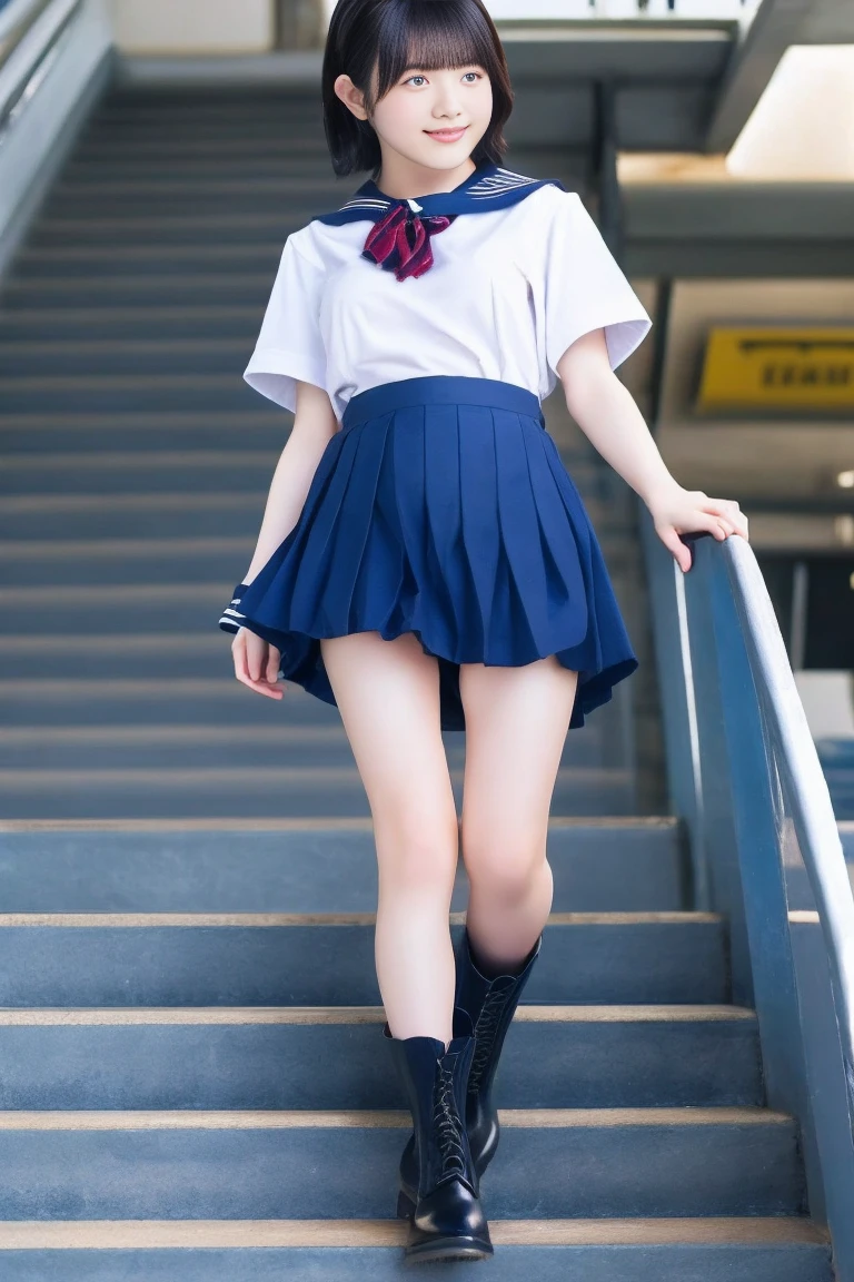 An ultra-high picture quality、Perfect Photo、japanese beauty girl、13years、(((a junior high school student)))、(((s ass)))、(((lower back)))、(((Navy blue pleated mini skirt)))、