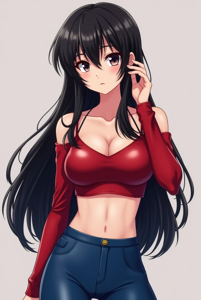 , 1girl, kurugaya yuiko, blush, lipstick, long hair, Hot girl, baddie, staring, glaring, bad attitude, mean girl, crazy, smoking, mall, shopping center,indoors, smile, masterpiece,high quality,4k, bare shoulder,belly,crop top,holding pistol,cleavage,casual dress, smile, evil expression, exposed belly, exposed navel, exposed midriff, exposed lower belly, crop top overhang, underboob,jacket, unbuttoned jeans , low rise black jeans, Low rise jeans, Low rise jeans with open fly, navel piercing