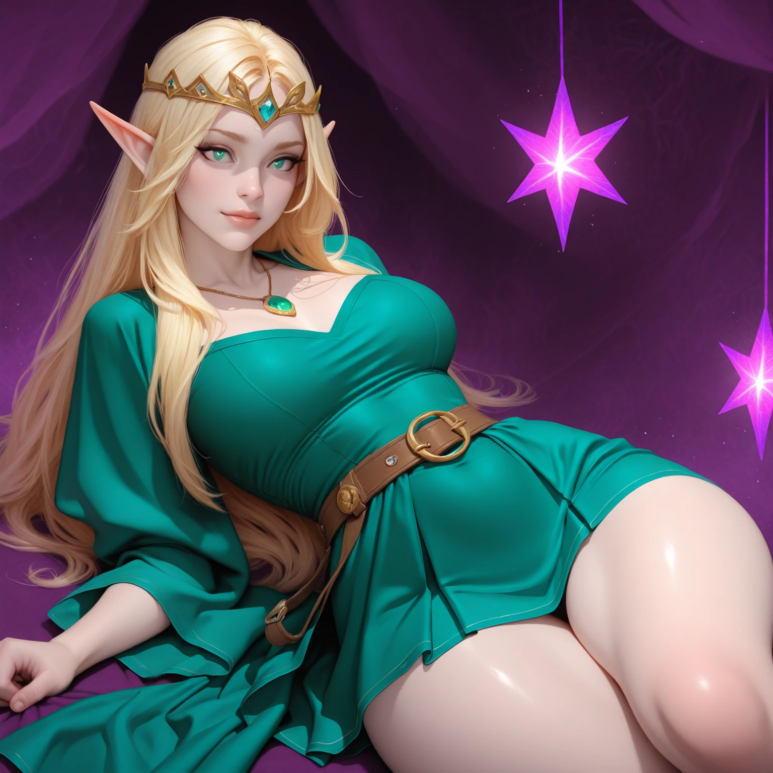 Woman, long wavy hair, pink hair, blue eyes, elf, sexy, queen, crown, magical background