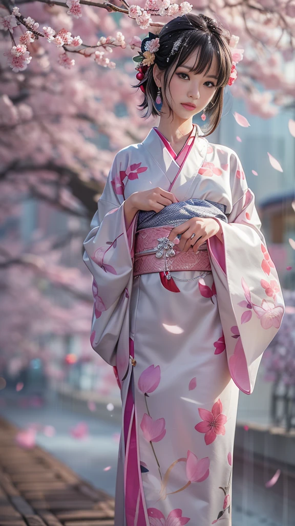 (32K, BEST QUALITY, masterpiece, photorealistic, super high resolution), ((Sakura Fubuki, Big Cherry Blossom Tree)), Highly Detailed Skin and Face Textures:1.3, perfect dynamic composition:1.4, (the night before a shrine in a modern city, Expressions of sadness:0.8, tears are flowing, Crying heart aching heart:1.0), slim woman, white skin, Water droplets on skin, Rain drips all over my body, wet body, wet hair, sexy beauty, perfect style, beautiful and aesthetic, very pretty face:1.0, (Wearing a professional kimono, Holding a bouquet of wet cherry blossoms, Wet Light Purple Kimono), medium chest, chest gap, (Beautiful erotic eyes:0.8, Overly sensual:0.8, enchanting:0.8), earrings, wedding ring