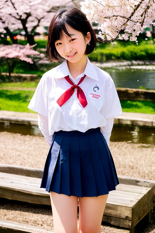 (8k),(masterpiece),(Japanese),(8-year-old girl),((Innocent look)),((Childish)),from the front,smile,cute,Innocent,Kind eyes,Plain T-shirt,Short sleeve,Blue checked short skirt,(Carrying a red backpack),Straight Hair,Hair blowing in the wind,Black Hair,Somewhat strong wind,noon,bright