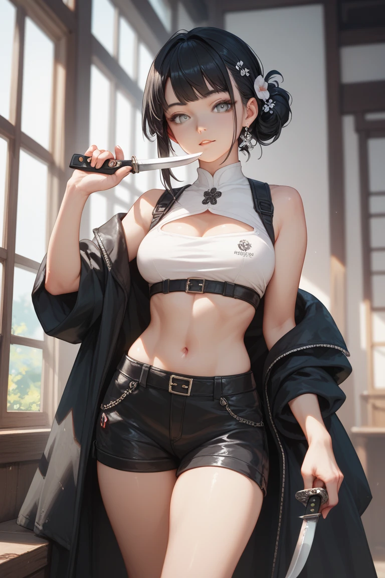 hunter ,female ,cool face ,badass ,soft skin,bandage cover wound ,big boobs ,white eyes ,short black hair ,width hat ,holding a handgun ,chain ,suit ,no shirt,black tie ,warp skirt,skull belt buckle ,cool pose,blood ,victorian city,dark night ,soft shadow ,modern lighting ,masterpiece ,best quality ,ultra-detailed ,high res ,8K