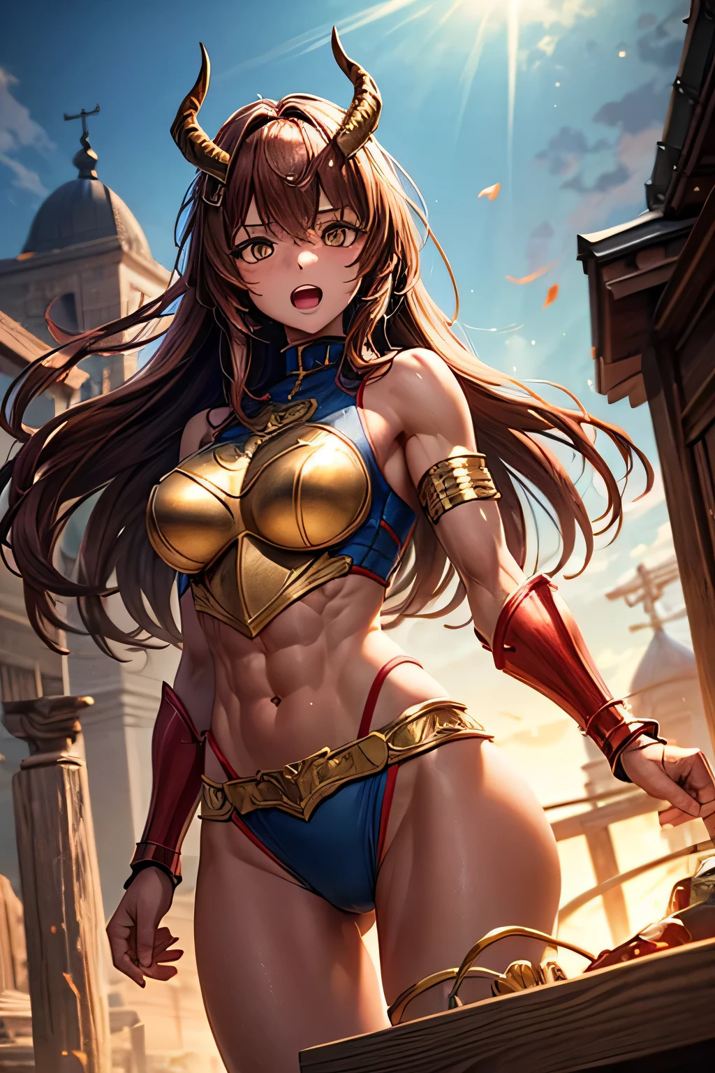Female wrestler in gold bikini wears the champion belt