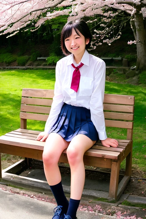 Pure Japanese school girl, sexual attractive, outstanding body, beautiful legs, shiny white skin, wearing loose uniform, panty, natural short hairstyles, sweet smile, sitting on bench, refreshing in early summer morning, composition from the front, 