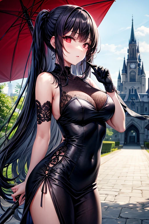 (masterpiece), (best quality), (4k resolution), (anatomy; perfect), 1 adult goth girl, fair skin, red eyes, (big black hair), (locks, bangs), loose hair, (effects highlights in hair), eyebrow, nose, ear, tight mouth, smile, (gothic clothing style), gothic clothing, ((without any cape on the back)), (big chest), (perfect belly), (perfect waist) , thigh thick legs, standing, background scenery, in the park, beautiful day, lighting, looking at viewer