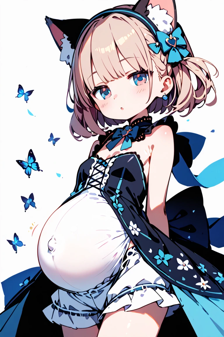 ((Masterpiece)), (((best quality))), hips wide open, ((blue colour eyes)), (((long brown hair))), (((shot White dress))), (()), (cute), ((a face that looks sleepy)), ((blue silk robe)), (((only one girl)))