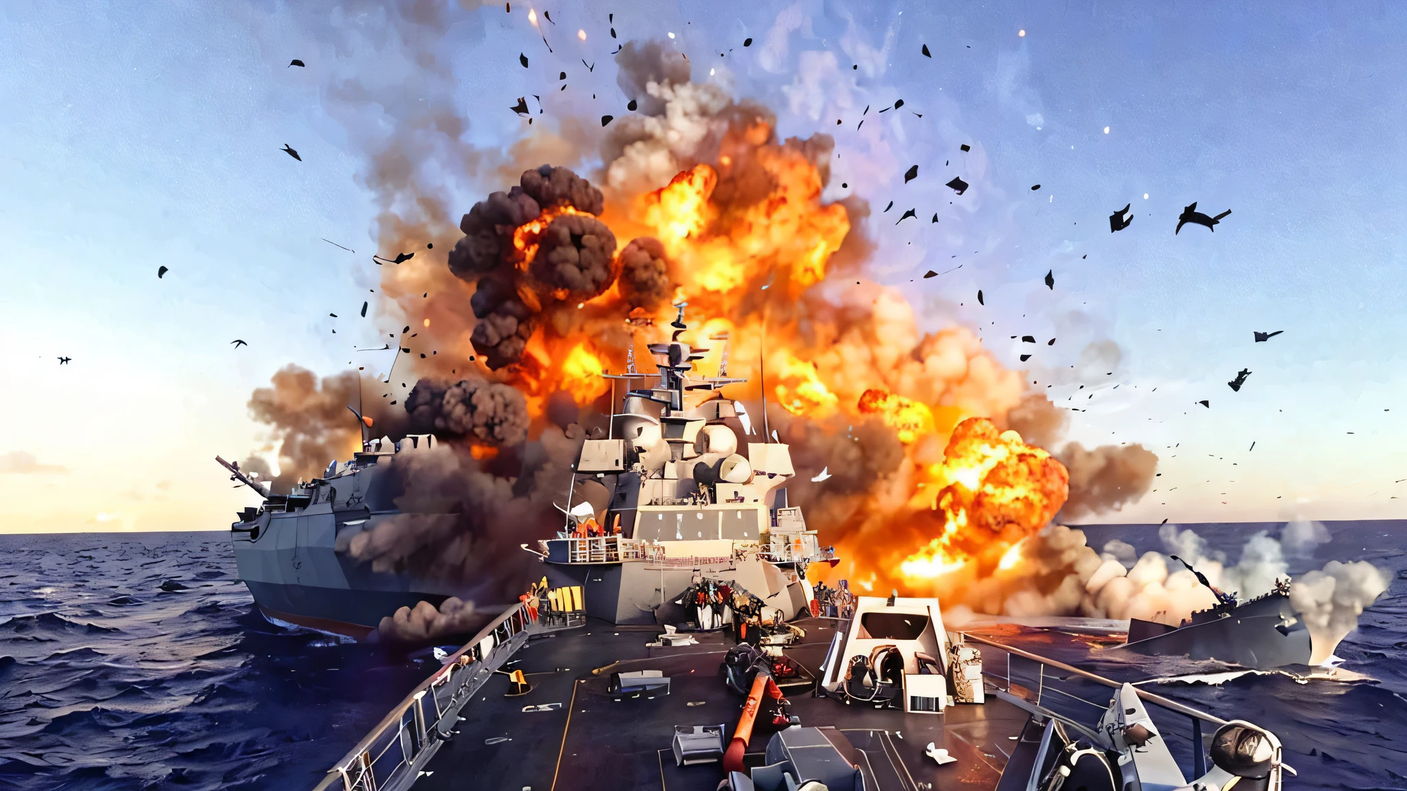 kgv, firing guns, heavy seas, battle, smoke, explosions, geysers, dramatic,