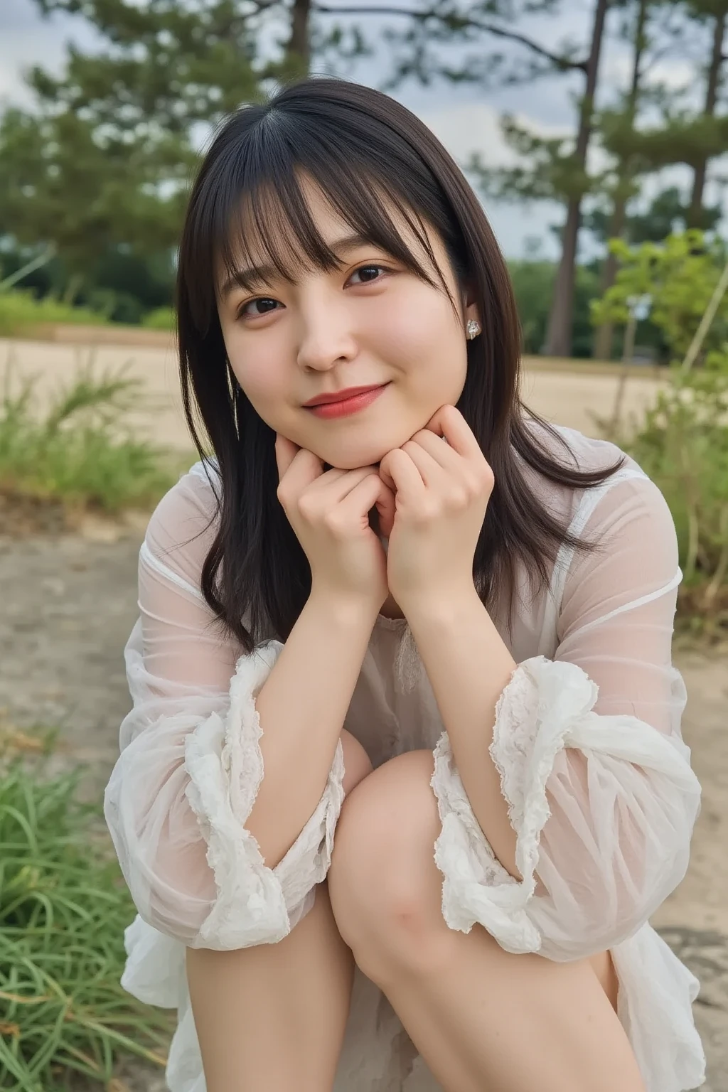 (8k), (highest quality: 1.2), (Realistic), (Realistic: 1.37), Ultra-high resolution, 1 girl, Head to knee photo、cute, smile, Mouth closed, Beautiful details, Beautiful Nose, whole body, Wet Hair, Giant Dulcefo, pork, , (Large Breasts)、Saggy breasts、Soft Breasts、Overflowing breasts、Grayish color knit cardigan、隠しきれないLarge Breasts、Voluptuous thighs、Odd Eye、Heterochromia iridis