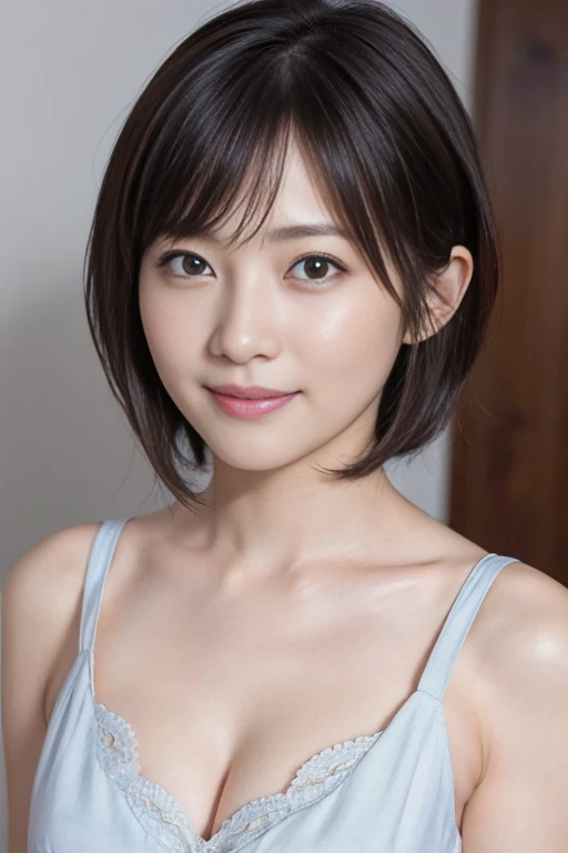 masterpiece、Highest quality、High resolution、Japanese women、(RAW Photos, Highest quality), (reality, Realistic:1.4) Tabletop、wallpaper、reality的、Bright lighting、Professional Lighting、Face Light、Smooth lighting、Adult、sexy、Sunburned skin、very detailed eyes and face, Beautiful and detailed nose, beautiful eyes, Perfect Anatomy、short hair、Brunette Hair、Iris、A cool smile、Dark studio