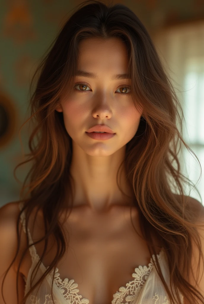 brunette girl, 20 years old, innocent face, mid boobs