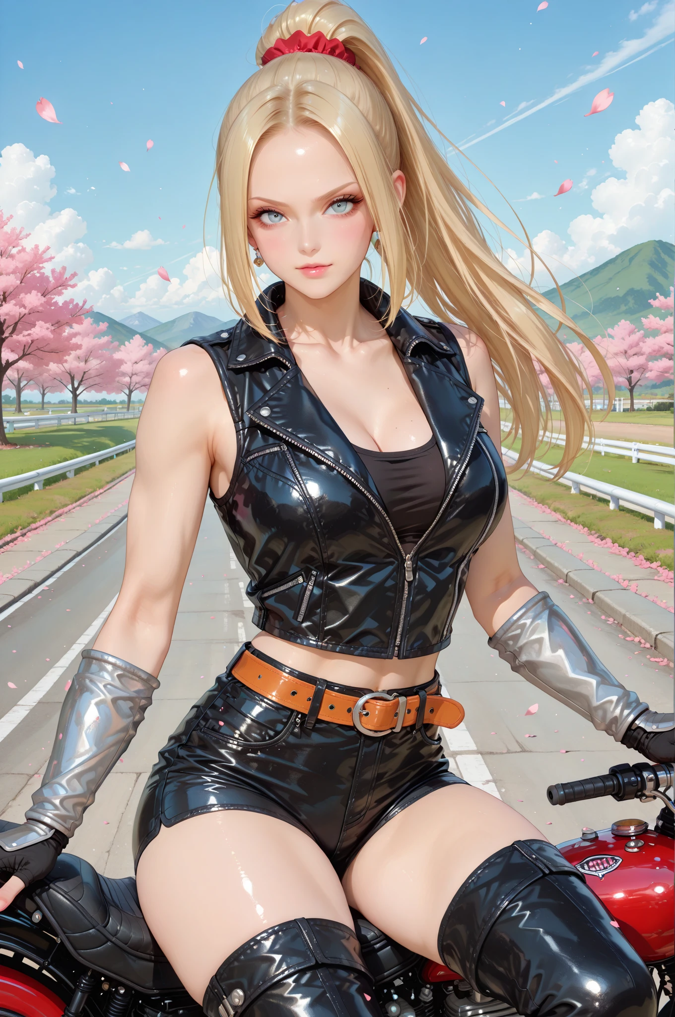 Leather jacket girl bike long hair smile beauty big tits top quality masterpiece beauty big tits blonde