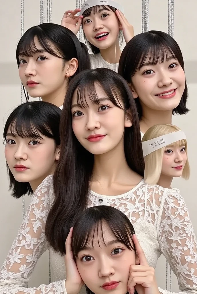 (Extra detailed body、The face is rich in detail、Best quality:1.2)、Three 20-year-old girls with different styles、sweet,Looking at the audience、(Quirky stylish、Korean girl group、A necklace、Contrast purple, White and black clothes、Asymmetry),Large Breasts