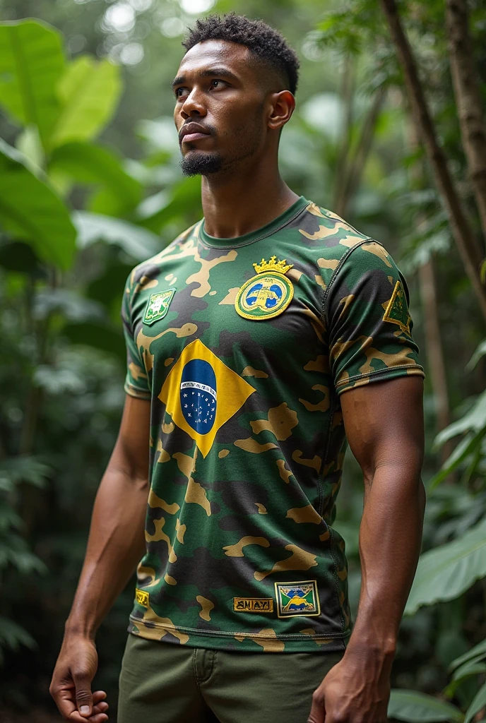 I would like to create a personalized shirt with a compression shirt style, but for the sleeves, I want the Brazilian flag image on the right sleeve and the São Paulo flag on the left. I want you to put a small skull symbol on the chest. I didn't like the Brazilian symbol much, I want it smaller and smaller on the sleeves, and not covering the whole sleeve. I want more details on the shirt. 