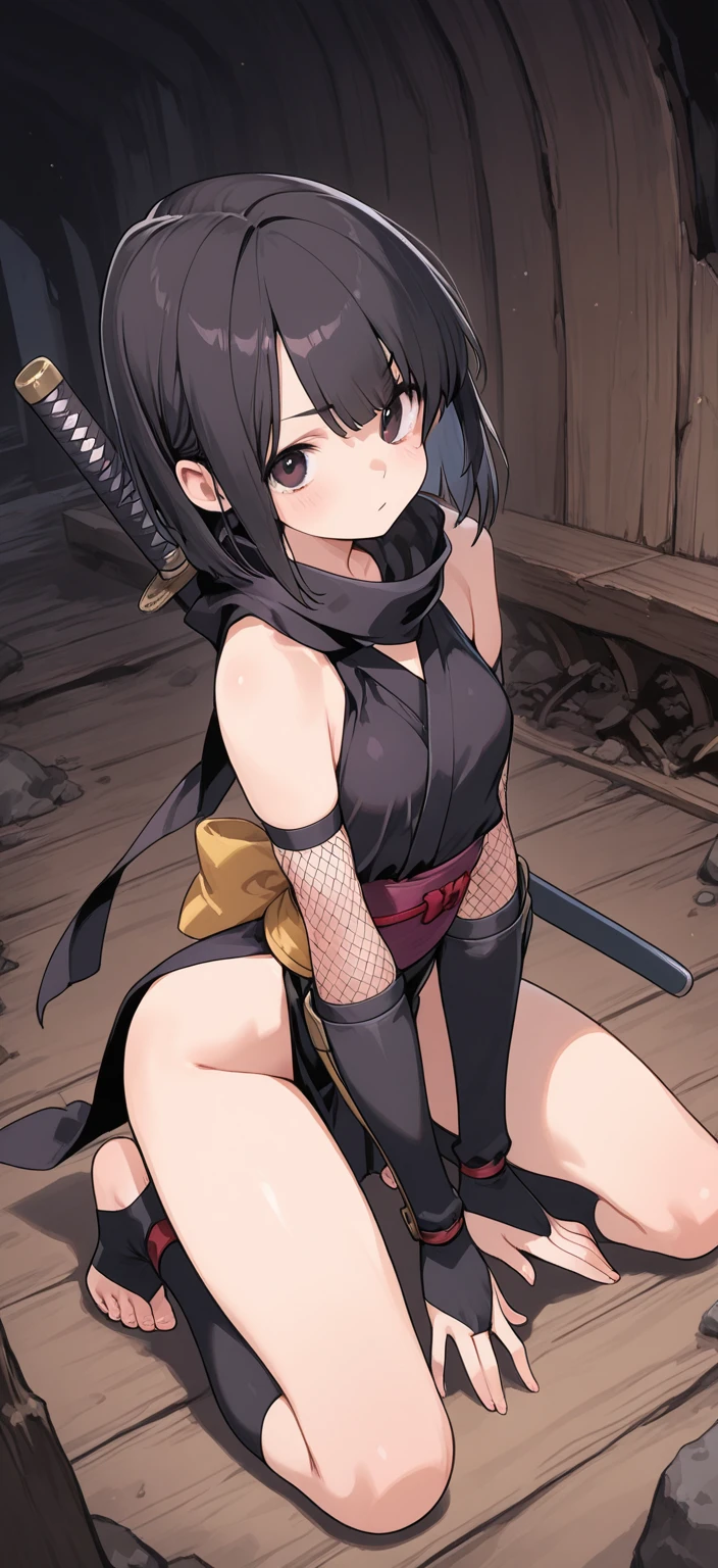masterpiece, extra limbs,(1 child),10years old,(black shaggy cut), slant eyes, blank navy eyes, (flat chest small nipples small areolas),pale white skin athlete skinny body,sullen,on one knee,(((clothed ninja:1.2))),(have a katana:1.3),((alley,midnight,fog))