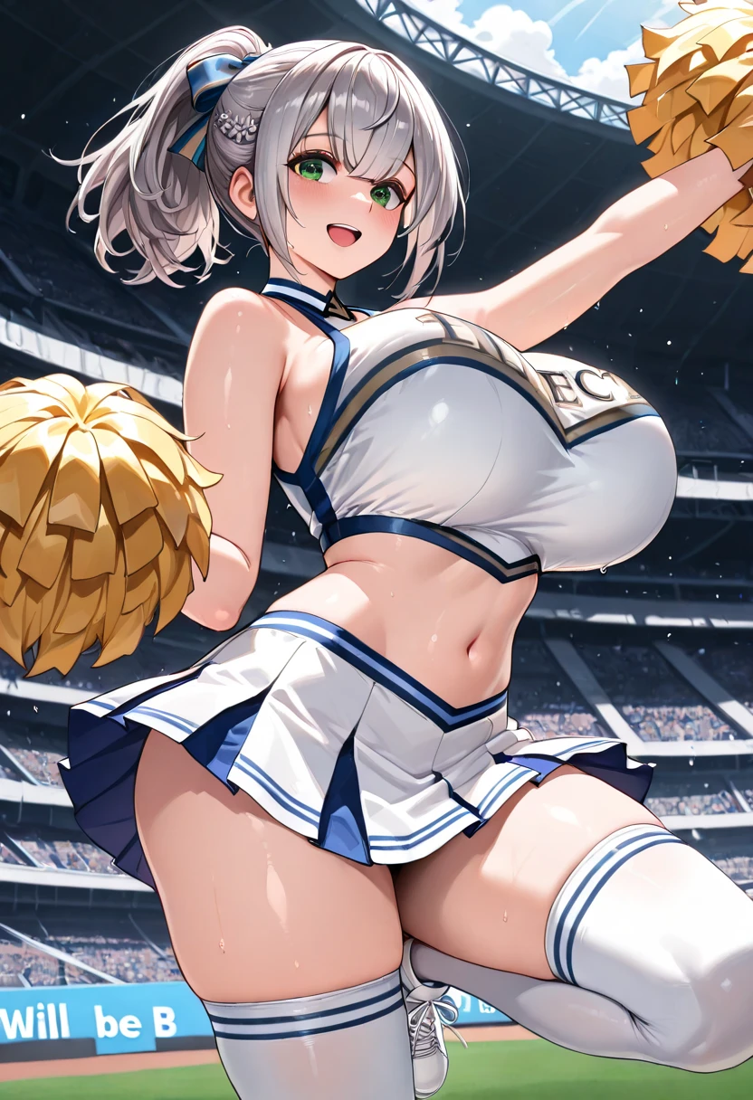 masterpiece,best quality,high resolution,(((1girl))),(nsfw:1.2),((cheerleader:1.4)),(girl wave 2 cheer pompons:1.2),(cheering:1.1),(show off nipples),(elf:1.2),(silver hair:1.2),(twintails:1.2),(light blue eyes),(under boob:1.3),crop top,(micro skirt, vagina),blush cheeks, arched back,( face and big boobs:1.3),(diminutive:1.4),(pov:1.5),(cum in pussy:1.4),BREAK,(1boy and 1girl,having sex),(girl on top,straddling:1.4),(1boy),(large penis:1.2),BREAK,smile,(sweaty:1.2),(open mouth),outdoor,stadium,sunny