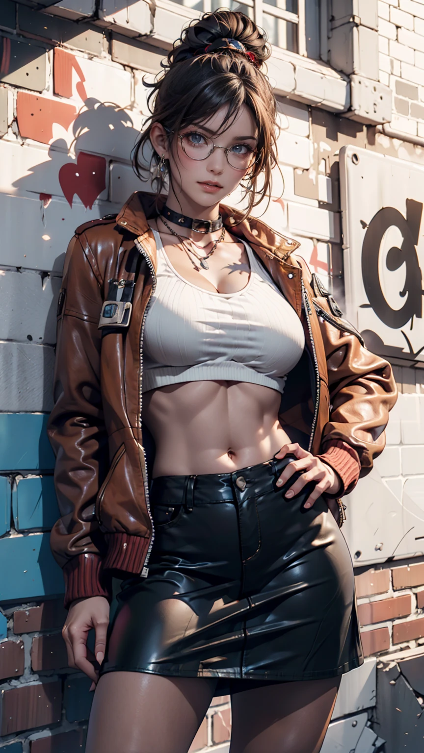 eliza1,1girl, solo, (realistic),(hyperrealism),(best quality),(masterpiece),(ultra high res),(photorealistic),(film grain),(upper body), eye makeup,detailed eyes,detailed face,black jacket, posing for a photo, outside winter, giant boobs, tall girl, 25 years old, superstrong girl