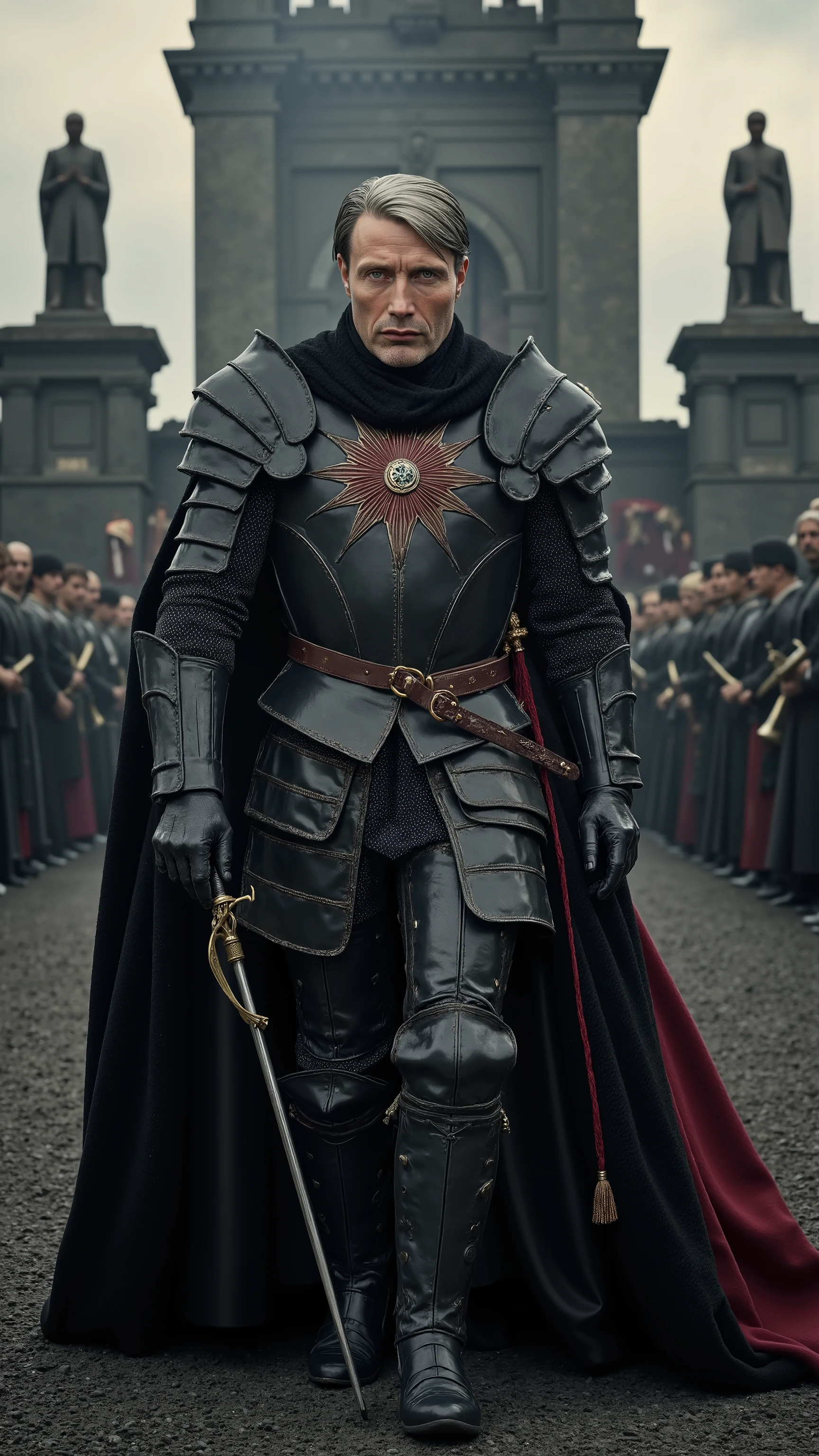 Mads Mikkelsen reimagined as the embodiment of Fascism in the form of a cold and commanding medieval knight, walking through a militarized black citadel, dramatic atmosphere, 1 male
Slicked-back silver hair beneath a dark iron crown shaped like interlocking blades and eagles. His pale, piercing eyes reflect discipline, order, and absolute control — expression unreadable, yet full of menace.
He wears jet-black plated armor with crimson accents, lined with brutalist engravings of shields, thunderbolts, and marching formations. His breastplate features a red sunburst emblem with jagged wings. Spiked pauldrons and sharp gauntlets frame his broad stance. A long, tattered black cape trails behind, almost like a shadow.
In his right hand, he carries a curved saber forged in obsidian steel, etched with angular runes of domination. In his left, a metal standard with a symbol of uniformed ranks marching in a circle — a banner of total control.
His posture is military-perfect — silent, immovable, proud. He is a general, a symbol of fear, law, and absolute order.
The background shows an immense black fortress, surrounded by stone columns, steel statues of faceless soldiers, and towers topped with blaring trumpets. The sky is choked with smoke and red light, cutting through like a final warning. Masses of soldiers in formation blur in the distance.
Shows his full figure, cold and powerful male stance, commanding presence, intense facial detail, full body, totalitarian aura, ideal authoritarian knight
Photorealistic, masterpiece, realistic, high contrast, 8k, HD, high definition detailed, hyper detailed, realistic skin texture, best quality, ultra high resolution, hyper realistic, no text, very detailed eyes, dramatic lighting