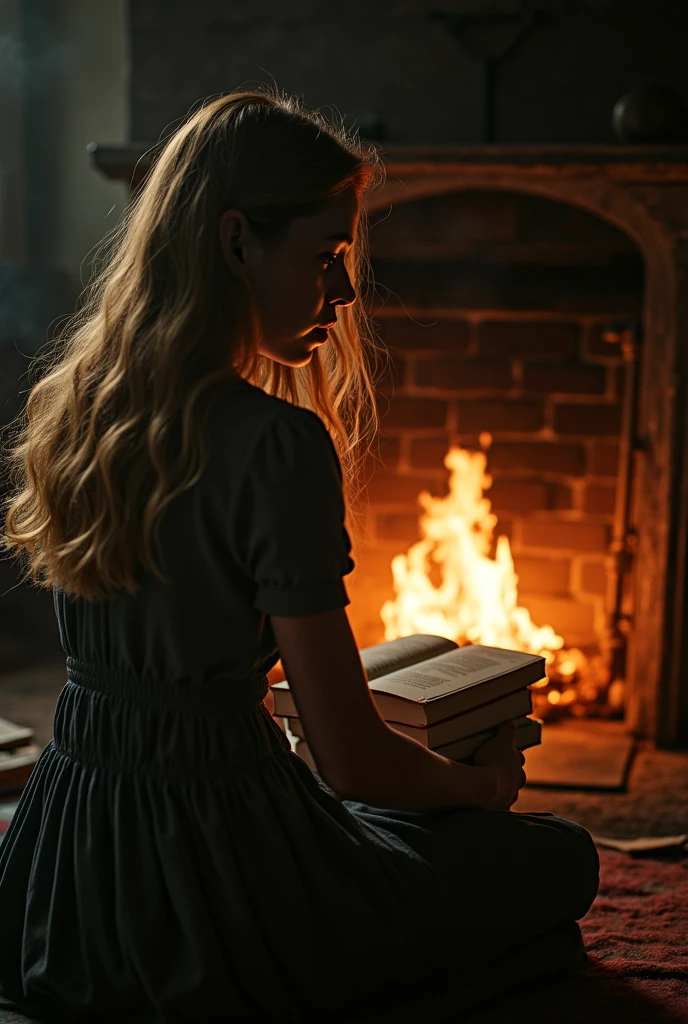 A picture of a woman burning all her books in the fireplace.
