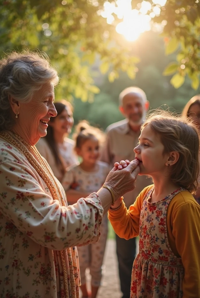 A group of young, cheerful children, dressed in simple clothes, playing and laughing around the old woman. They are captivated by her stories, their faces lit up with joy and innocence. The children represent the simplicity and purity of happiness that comes from love and connection rather than material wealth.