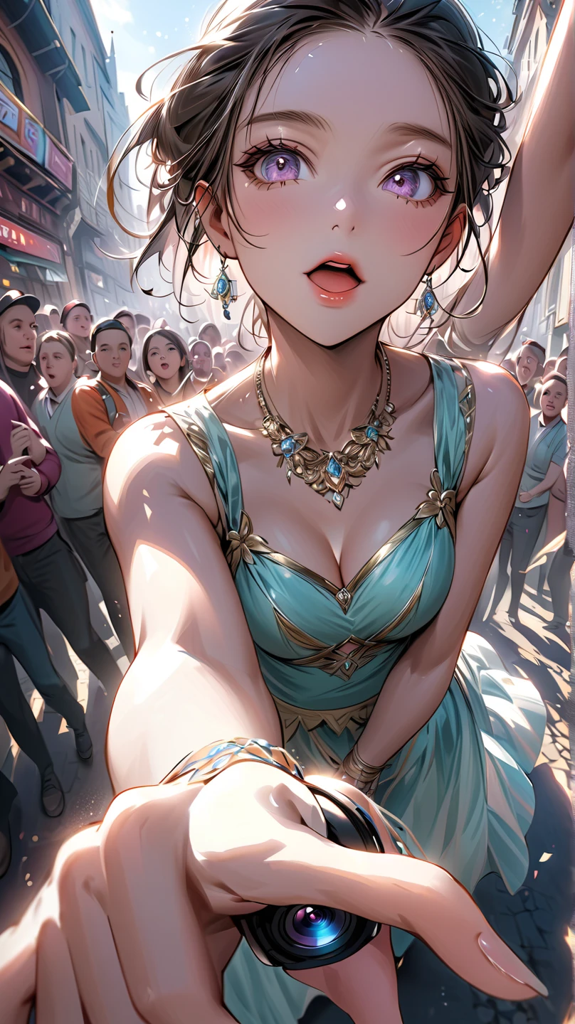 A stunning full body photography of a lady dancing flamenco, wearing blue flamenco dance long dress, happy, flirting, detailed face, outdoor night party, (medium breast), people surrounded and clapping, captured in a naturalistic style by photographers Sam Yang and Ross Tran. The scene is highly-detailed, with intricate textures on the lady's clothing and sharp focus on the surrounding, spanish fiesta vibes, torch as lighting