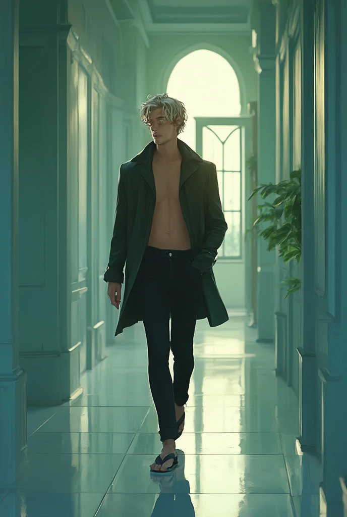 181 cm tall, 22-year-old shirtless male model, thin and lean figure:1.4, short platinum blond hair messy layered hair, side swept bangs, Germanic-Icelandic features, black pants, amused expression, standing in large chic dark walk-in closet lined with colorful dresses, pants, shoes and other accessories, photorealistic, cinematic