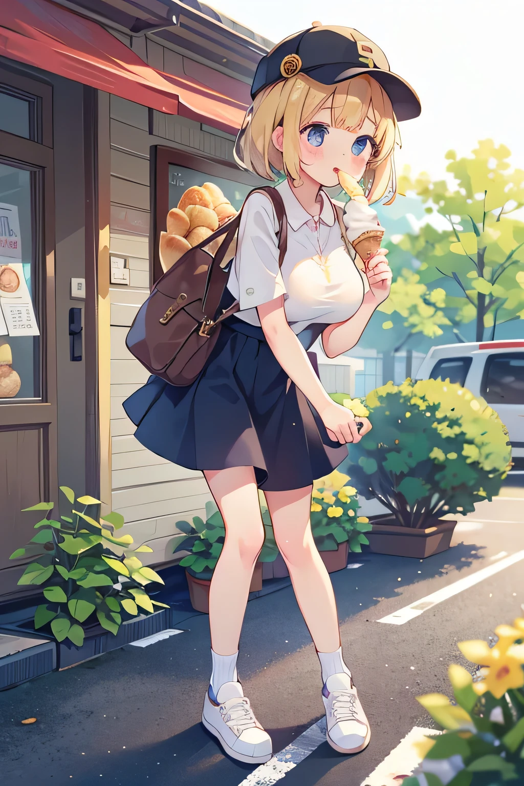 best quality、high resolution、(high image quality:1.2)、masterpiece、detailed background、(highly detailed face:1.3)、(detailed eyes:1.3)、age beauty、(huge breasts:1.3)、(Normal number of fingers:1.3)、is anatomically correct、perfect body line、fun atmosphere、 Service Area、highway、Golden Week、
(Three girls enjoying Service Area gourmet food on the highway:1.5)、
(Her innocent and cute appearance is impressive:1.3)、(Girl eating melon bread:1.3)、
they seemed a little tired from the highway traffic jam, but when they arrived at the Service Area, their tension rises all at once、The expression of wondering which one to eat while looking at the big menu sign is cute、Picking up the famous freshly baked melon bread々dough to blow away the fatigue of traffic jams、
they have a happy smile on their face with the fluffy texture but bread crumbs stick to their mouths、Next, enjoy the local soft serve ice cream and have a happy expression with a cool sweetness Show me、they get so carried away that ice cream drips a little and they wipe it with a handkerchief in a hurry are also adorable、
they sit on the Service Area bench and enjoy a relaxing moment watching the scenery while wandering their feet、Gently tears off、and cheeks out、
A casual and cute, spring-like outfit、Half up with white sneakers wrapped around your feet、Focus on ease of movement with white sneakers around your feet、A rough outing style with a natural colored cap and a small shoulder bag over your shoulder to protect against the sun、Their trailing hair flutters in the wind、cute