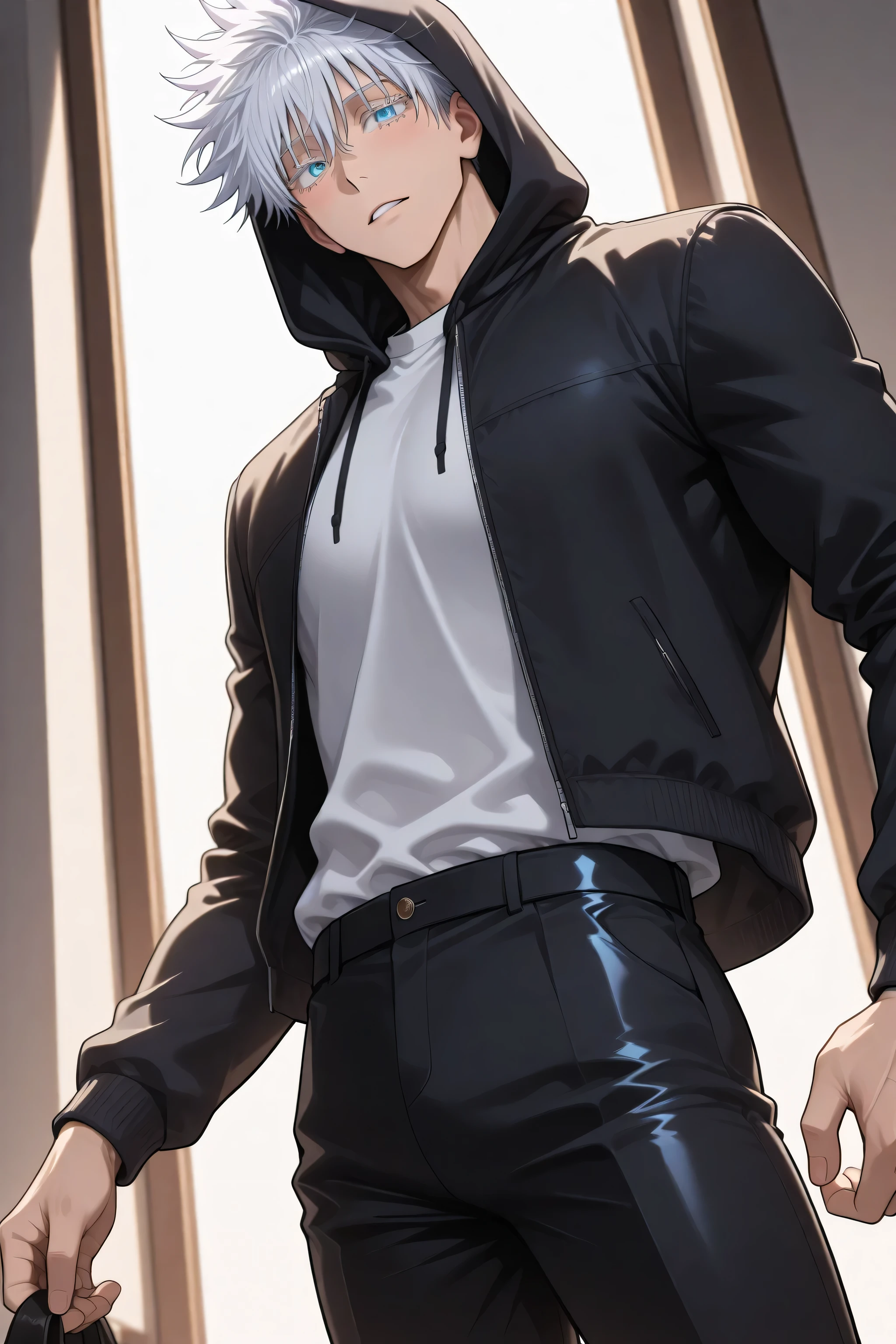(masterpiece), (highest quality), (very detailed 1 man , male focus , gojou satoru /(jujutsu kaisen/) , colored eyeshes , blue eyes , shiny blue eyes, white hair , sexy man , handsome , muscular, trained body, high fashion, hoodie with a black jacket, black pants, white shirt, anime coloring, anime screenshot of jujutsu kaisen,