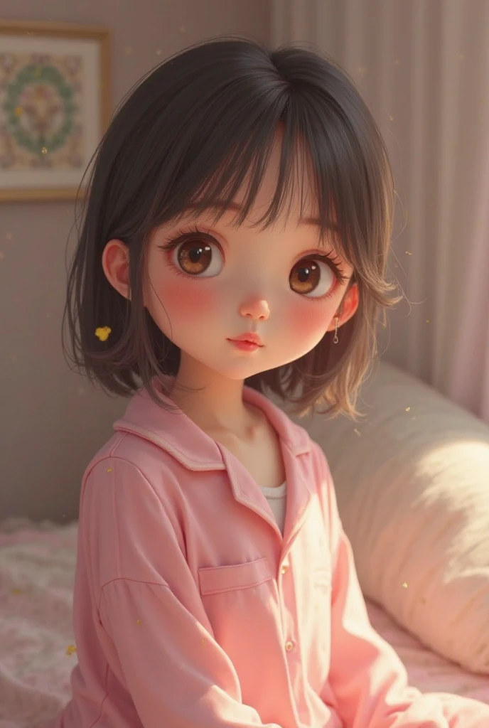 A lovely little sister,redish pink lips,Wearing a bright white shirt,,Smooth and shiny,Hazy romanticism,Super Flat Style,White background -- ar 1:1--niji 5--style expressive--s 50,brunette color hair,short detailed hair
