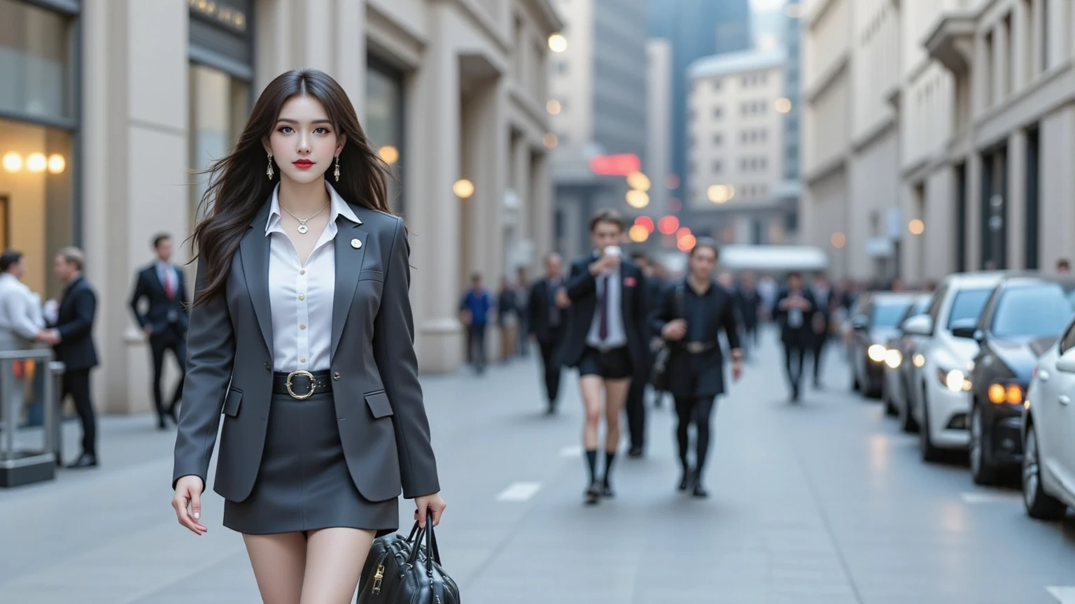 (8k,Highest Quality,masterpiece,practical,Super detailed:1.3),(1 girl,Beautiful Korean girl, Korean pop idol),(Black suit jacket:1.2),(White skinny trousers:1.1),(Serious expression:1.2)discuss,(speech,Handheld Microphone:1.2)(crowd,audience:1.3),Sexy long legs, (Thigh gap:1.5),Wide hips,S-Shaped Body, Hips lifted,,black hair,(Ass Focus:1.1)Shot from behind