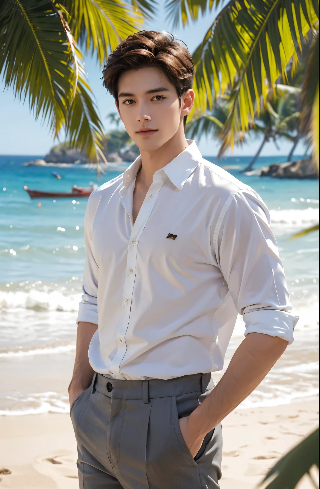 (Masterpiece: 1.2),(CGI art:1.3),(realistic:1.5),(post processing:1.3), (sharp focus:1.3), Asia, 1 male, smile, (White Polo Shirt), (jeans), Korean guy , korean men, (High gloss details), chest muscles, Big arm muscles, blood vessel, big muscles, shoulder, looking at the audience, Balancing the eyes, By the sea, beach, sunlight, Run towards the camera....