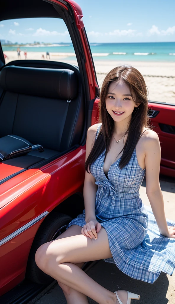 Highest quality, Realistic, Very detailed, In detail, High resolution, (8K), One beautiful woman,, Light brown straight hair, (Colorful fitted camisole), (Colorful fabric shorts), Fully dynamic configuration, Beautiful and delicate eyes, Detailed Hair, (Ample breasts), Realistic , Laughter,Smile and laugh , (Natural pose),(Model pose),  (Slender full-body model, Down to the toes:1.3), (Sit on the hood of a car), Earrings,necklace,High heels, (Side Shot:1.3),(Side view:1.3),Sit in the passenger seat，(Aim from a distance),