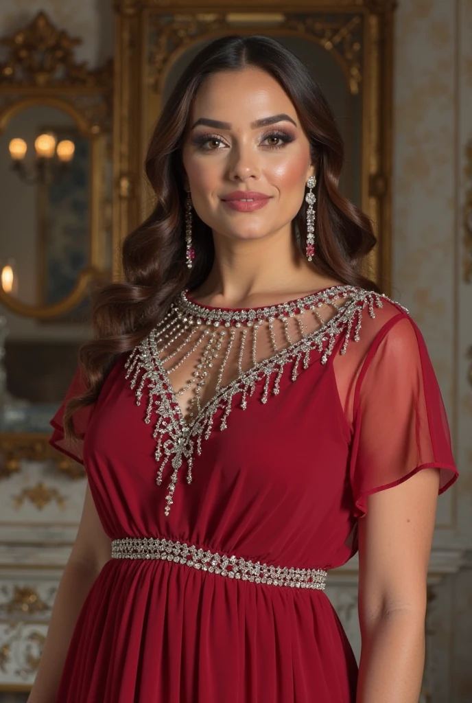Bridget Moynahan wearing sexy Syrian traditional clothing with lipstick and smiling