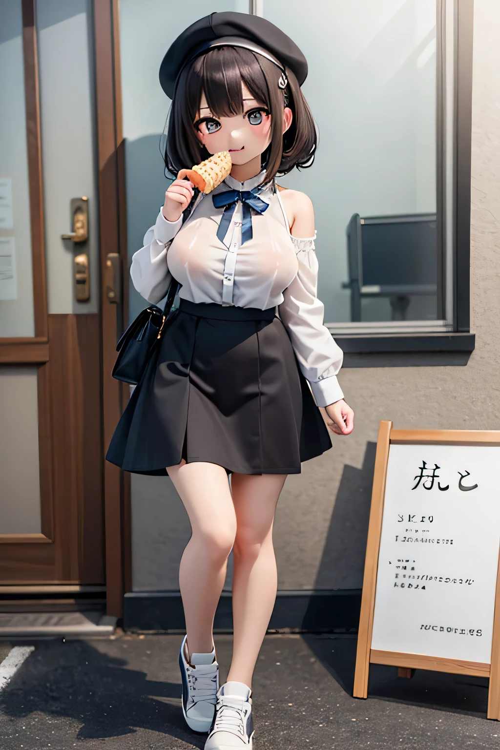 best quality、high resolution、(high image quality:1.2)、masterpiece、detailed background、(highly detailed face:1.3)、(detailed eyes:1.3)、age beauty、(huge breasts:1.3)、(Normal number of fingers:1.3)、is anatomically correct、perfect body line、fun atmosphere、 Service Area、highway、Golden Week、
(Three girls enjoying Service Area gourmet food on the highway:1.5)、
(Her innocent and cute appearance is impressive:1.3)、(Girl eating melon bread:1.3)、
they seemed a little tired from the highway traffic jam, but when they arrived at the Service Area, their tension rises all at once、The expression of wondering which one to eat while looking at the big menu sign is cute、Picking up the famous freshly baked melon bread々dough to blow away the fatigue of traffic jams、
they have a happy smile on their face with the fluffy texture but bread crumbs stick to their mouths、Next, enjoy the local soft serve ice cream and have a happy expression with a cool sweetness Show me、they get so carried away that ice cream drips a little and they wipe it with a handkerchief in a hurry are also adorable、
they sit on the Service Area bench and enjoy a relaxing moment watching the scenery while wandering their feet、Gently tears off、and cheeks out、
A casual and cute, spring-like outfit、Half up with white sneakers wrapped around your feet、Focus on ease of movement with white sneakers around your feet、A rough outing style with a natural colored cap and a small shoulder bag over your shoulder to protect against the sun、Their trailing hair flutters in the wind、cute