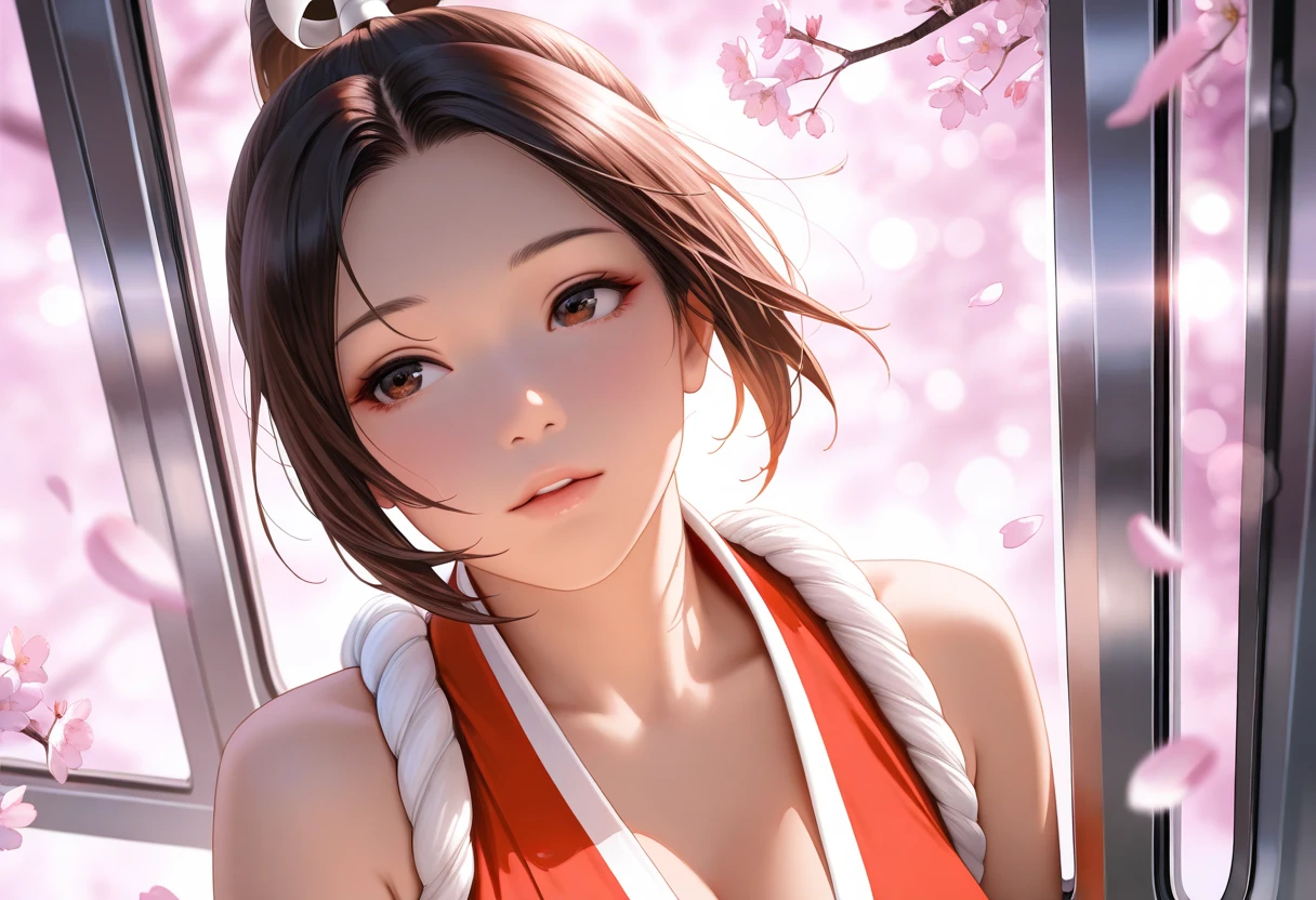 Japanese Beauty,Cherry Blossoms,Petals are just beginning to fall, In a park rich in nature、plant, (((Sexy姿势的杰作))), ((best quality)), ((complicated)), ((Surrealism)), Mature woman, Mature woman, , Very detailed, shape, mai Shiranui, ((Huge breasts)), Perfect hands, Finger details, beautiful eyes, ponytail,Brown eyes, (mai Shiranui suits:1.2), earrings, Long detailed background, Perfect eyes, Charming eyes, Looking at the audience, Rosy cheeks,Sexy,Cleavage,cute,Smile,beauty,Breast close-up,beauty的乳房,Osaka Castle,Japanese Shrines,Lots of hair,Exquisite facial features,charming