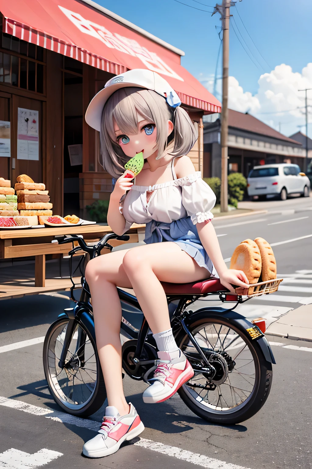 best quality、high resolution、(high image quality:1.2)、masterpiece、detailed background、(highly detailed face:1.3)、(detailed eyes:1.3)、age beauty、(huge breasts:1.3)、(Normal number of fingers:1.3)、is anatomically correct、perfect body line、fun atmosphere、 Service Area、highway、Golden Week、
(Three girls enjoying Service Area gourmet food on the highway:1.5)、(Two girls eating melon bread:1.3)、
they seemed a little tired from the highway traffic jam, but when they arrived at the Service Area, their tension rises all at once、The expression of wondering which one to eat while looking at the big menu sign is cute、Picking up the famous freshly baked melon bread々dough to blow away the fatigue of traffic jams、
they have a happy smile on their face with the fluffy texture but bread crumbs stick to their mouths、Next, enjoy the local soft serve ice cream and have a happy expression with a cool sweetness Show me、they get so carried away that ice cream drips a little and they wipe it with a handkerchief in a hurry are also adorable、
they sit on the Service Area bench and enjoy a relaxing moment watching the scenery while wandering their feet、Gently tears off、and cheeks out、
A casual and cute, spring-like outfit、Half up with white sneakers wrapped around your feet、Focus on ease of movement with white sneakers around your feet、A rough outing style with a natural colored cap and a small shoulder bag over your shoulder to protect against the sun、Their trailing hair flutters in the wind、cute