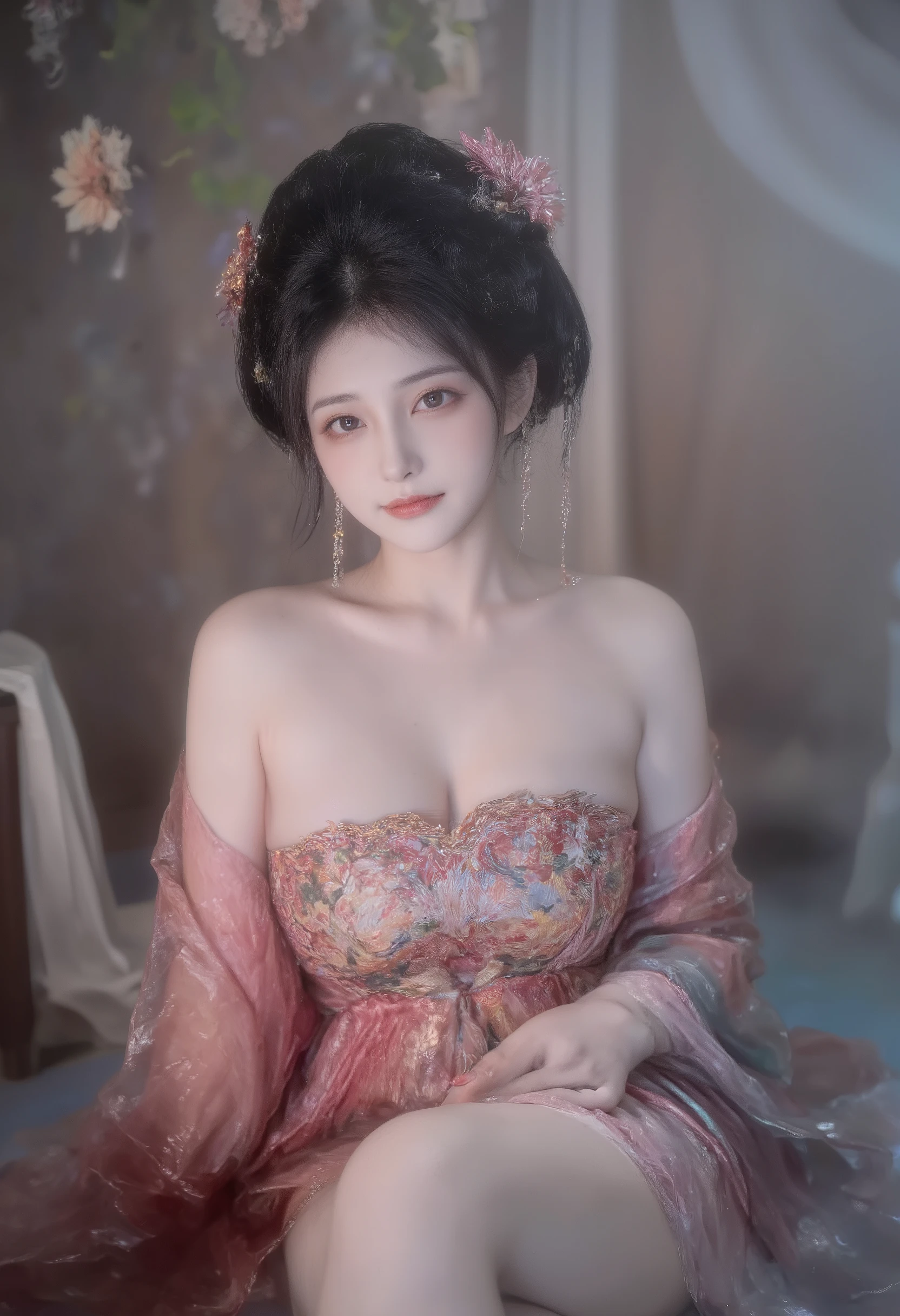 girl,solo,dress,earrings,jewelry,long hair, ancient female chinese clothes,looking at viewer , Chinese dress,brown eyes, black hair, sexy camisole, revealing thights and hip and venter, top quality, Masterpiece, Ultra High Resolution, High Definition RAW Color Photos , pro pics, natural skin texture, fine skin, hyperrealism, smiles,Earrings, gigantic breasts, slit dress, camisole, collarless dress