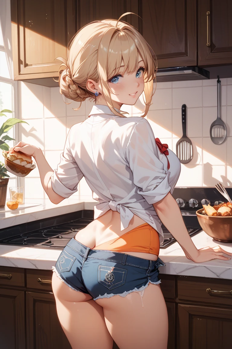 Blonde girl eating steak at steakhouse　Wearing sneakers　High leg shorts with suspenders　Large Breasts　Showing her belly button　Ultra low rise　Knee-high socks　　No underwear　Belt on chest