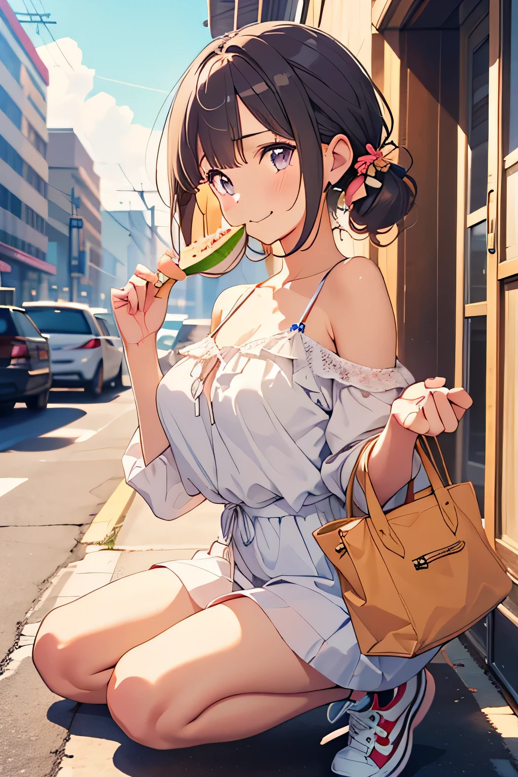 ((Best Quality)), ((Mastepiece)), (Detailed boobs), (Perfect Face:1.8), (perfect eyes), (super detailed), (perfect detailed fingers) ,Highly detailed facial and skin texture, (perfect body), (perfect face), 1girl, ultra detailed eyes, (Japanese cute idol, Phenomenally cute face, kawaii), topless, no bra, nipples, ultra short mini skirt, (lift skirt:1.5), (white skin:1.2), no panties, hairless pussy is visible, (huge tits:1.3), cleavage, (smile:1.3), open mouth, very slim legs, pigtails, short hair, (looking at viewer), (at amusement park, outdoor), cowboy shot, eating Frankfurt sausage, from front, (very wide shot),  (No makeup)、(very thin and beautiful thighs)、Very 、Very small ass、Very short stature、Large head、Small Mouth、(:1.2)、Baby Face