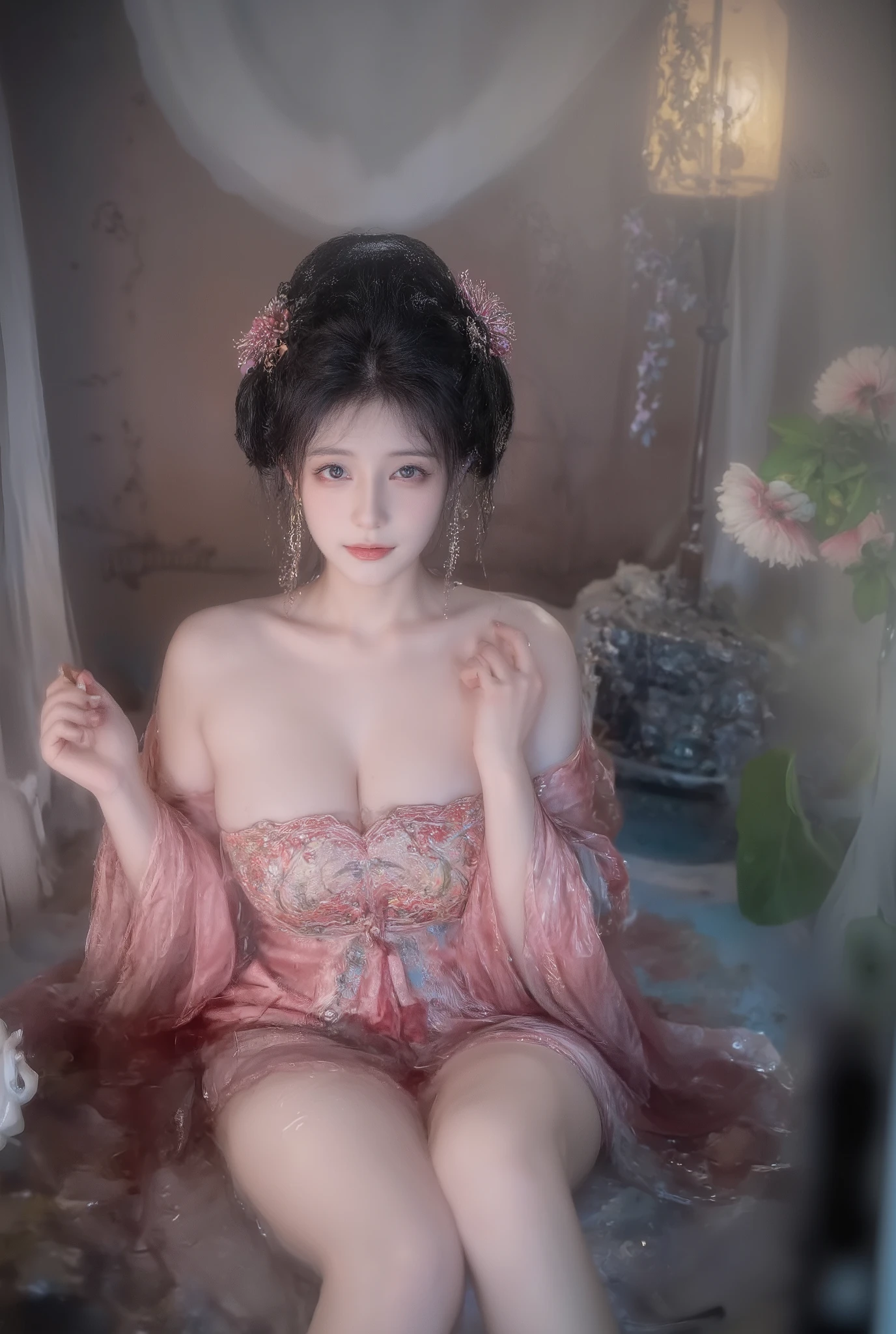 girl,solo,dress,earrings,jewelry,long hair, ancient female chinese clothes,looking at viewer , Chinese dress,brown eyes, black hair, sexy camisole, revealing thights and hip and venter, top quality, Masterpiece, Ultra High Resolution, High Definition RAW Color Photos , pro pics, natural skin texture, fine skin, hyperrealism, smiles,Earrings, gigantic breasts, slit dress, camisole, collarless dress