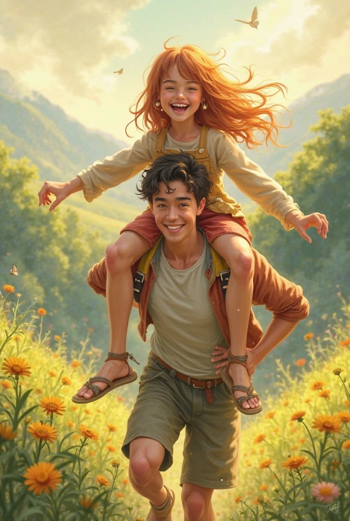 A beautiful girl and a boy sitting on a carriage falling non-stop towards a town