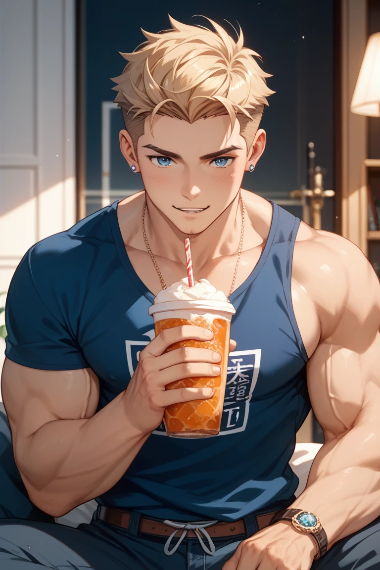 Bakugou Katsuki drinking milkshake in the living room with open shirt and hawaii shorts, bare chested sweating heavily. There are sunglasses on the head. Side view.