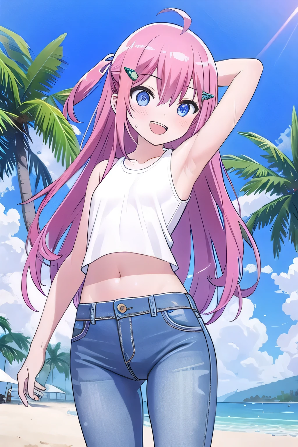 masterpiece, best quality, ultra detail, ((Perfect Face, perfect eyes, perfect hair, perfect arm)), 1girl, , petite, ((round face, ecstasy, orgasm face, drooping eyes, shame smiling, blush)), dropping eyes, sleepy, Open mouth, ((White teeth)), background((under the beach, (day:1.2), palm tree, bright sky)), miku hatsune, ahoge, (blue eyes:1.2), (pink hair:1.2), crossed bangs, hair between eyes, hair ornament, (long hair:1.4), (straight hair:1.7), ((arms behind head, hands behind head, fingers behind head)), ((contrapposto)), spread armpits, looking at viewer, (white tank top:1.5), (white crop top:1.5), (jeans pants:1.2, flares jeans:1.2, skinny jeans:1.2, blue jeans:1.2), standing, (legs spread:1.4), sex pose, Sweaty crotch, Steam from the crotch, from below, whole body