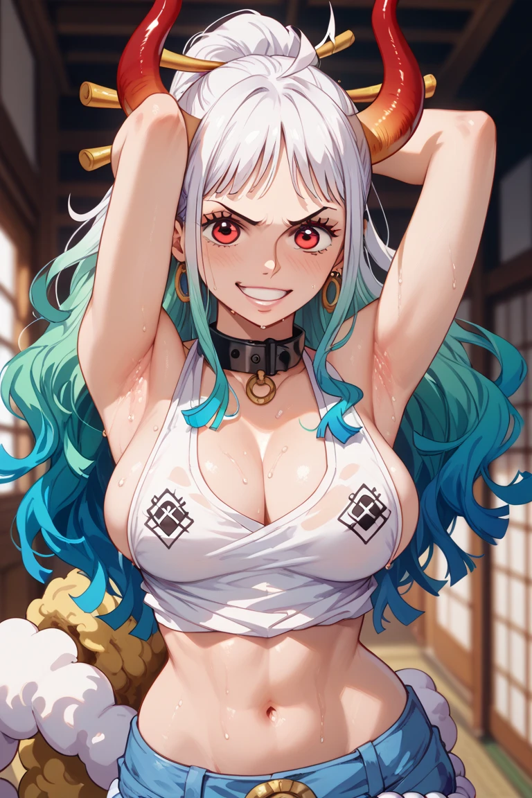 highest quality、Best image quality、masterpiece, (Anime Style),Beautiful lighting, one piece,Yamato,Yamato, Film Grain, ((Average chest, Slim girl)), Yamato, Long Hair, 1 Girl, horn, Gray Hair, only, They are, Red horn, Winding horn, hair ornaments, (Multicolored horn), jewelry, Earrings, kimono, kimono, Hairpin, Sleeveless, Exposing shoulders, Aqua Hair, Side Lock, hoop Earrings, In the same way, smile, large smile, ((Orange Eyes, Slim girl)), Big Breasts , sexy pose, bewitching pose, leaning forward, all fours, back shot, Cleavage, At the hot springs at night and naked in restroom