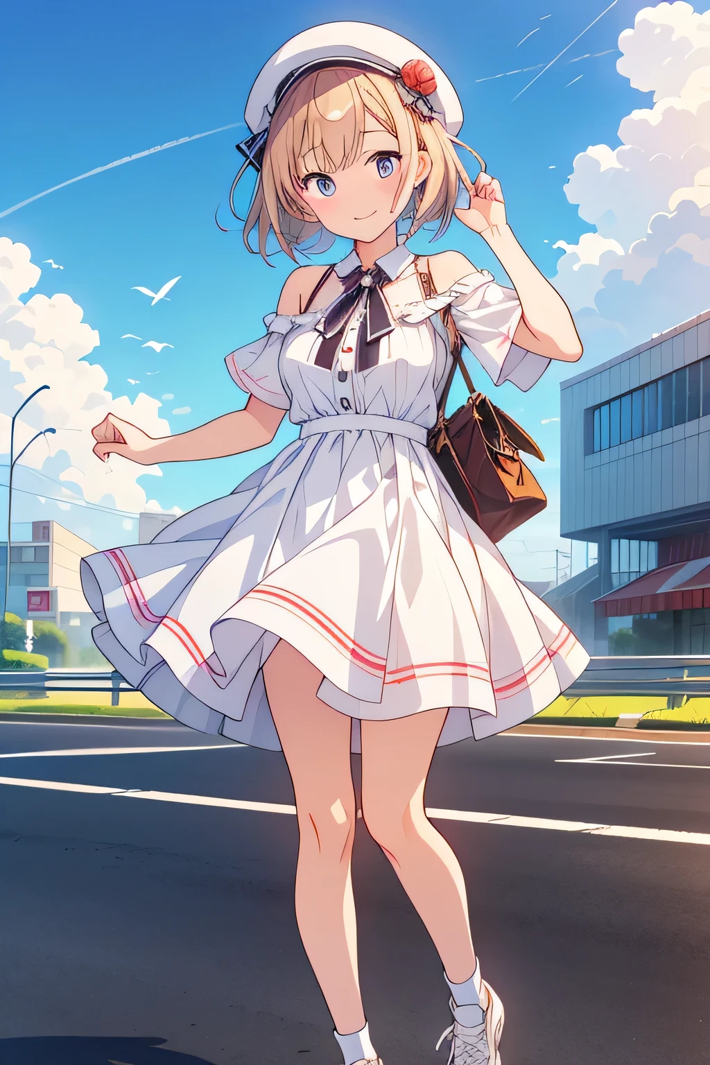 best quality、high resolution、(high image quality:1.2)、masterpiece、detailed background、(highly detailed face:1.3)、(detailed eyes:1.3)、age beauty、(huge breasts:1.3)、(Normal number of fingers:1.3)、is anatomically correct、perfect body line、fun atmosphere、 Service Area、highway、Golden Week、
(Three girls enjoying Service Area gourmet food on the highway:1.5)、
they seemed a little tired from the highway traffic jam, but when they arrived at the Service Area, their tension rises all at once、The expression of wondering which one to eat while looking at the big menu sign is cute、Picking up the famous freshly baked melon bread々dough to blow away the fatigue of traffic jams、
they have a happy smile on their face with the fluffy texture but bread crumbs stick to their mouths、Next, enjoy the local soft serve ice cream and have a happy expression with a cool sweetness Show me、they get so carried away that ice cream drips a little and they wipe it with a handkerchief in a hurry are also adorable、
they sit on the Service Area bench and enjoy a relaxing moment watching the scenery while wandering their feet、Gently tears off、and cheeks out、
A casual and cute, spring-like outfit、Half up with white sneakers wrapped around your feet、Focus on ease of movement with white sneakers around your feet、A rough outing style with a natural colored cap and a small shoulder bag over your shoulder to protect against the sun、Their trailing hair flutters in the wind、cute