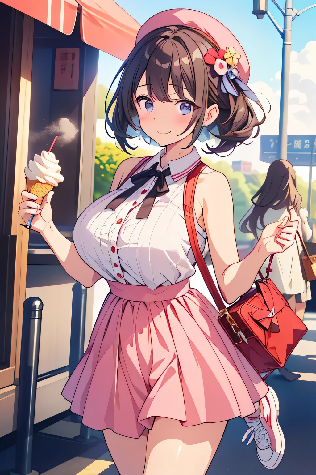 best quality、high resolution、(high image quality:1.2)、masterpiece、detailed background、(highly detailed face:1.3)、(detailed eyes:1.3)、age beauty、(huge breasts:1.3)、(Normal number of fingers:1.3)、is anatomically correct、perfect body line、fun atmosphere、 Service Area、highway、Golden Week、

(Three girls enjoying Service Area gourmet food on the highway:1.5)、

they seemed a little tired from the highway traffic jam, but when they arrived at the Service Area, their tension rises all at once、The expression of wondering which one to eat while looking at the big menu sign is cute、Picking up the famous freshly baked melon bread々dough to blow away the fatigue of traffic jams、
they have a happy smile on their face with the fluffy texture but bread crumbs stick to their mouths、Next, enjoy the local soft serve ice cream and have a happy expression with a cool sweetness Show me、they get so carried away that ice cream drips a little and they wipe it with a handkerchief in a hurry are also adorable、
 they sit on the Service Area bench and enjoy a relaxing moment watching the scenery while wandering their feet、Gently tears off、and cheeks out、
A casual and cute, spring-like outfit、Half up with white sneakers wrapped around your feet、Focus on ease of movement with white sneakers around your feet、A rough outing style with a natural colored cap and a small shoulder bag over your shoulder to protect against the sun、Their trailing hair flutters in the wind、cute