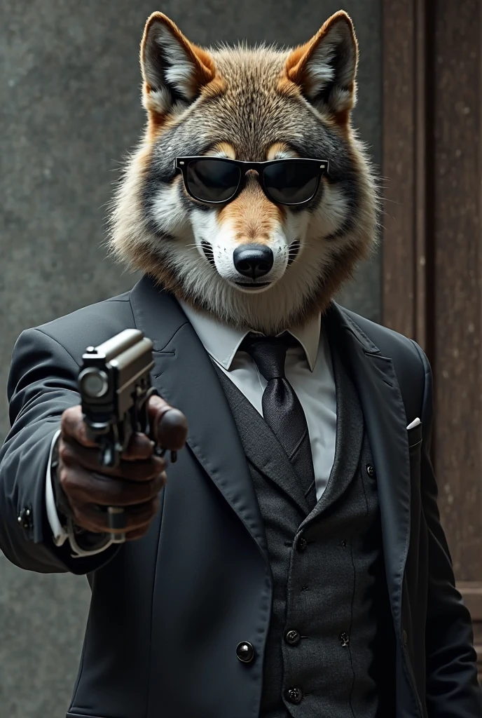 A wolf dressed in a suit with dark glasses surrounded by beautiful naked women with large breasts
