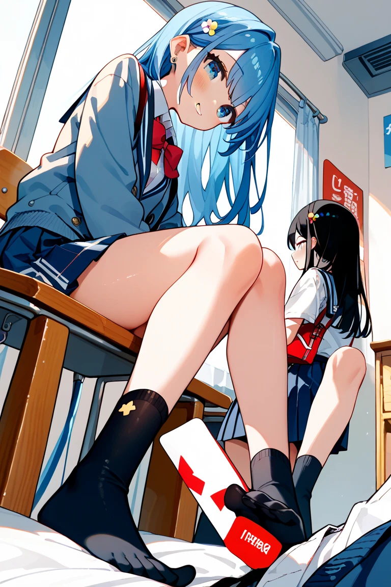 Young girls,double-ponytail,Pale blue hair,red color eyes,JK school uniform,solo person,Maid skirt,white stockings,White knee-length socks,Suspenders,looking to the camera,in a panoramic view,Lying on the couch,Five black males,White T-shirt,denim pant,Smiling at the girl,Masterpiece,Best quality,Japanese style binding,tatami mats,bedroom background,4k,Outstanding work。