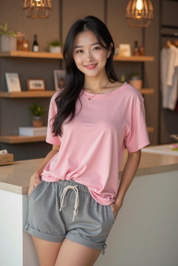 masterpiece,best quality, highres, ultra-detailed, perfect face, bbleaf, long hair, black hair, brown eyes, sidelocks, eyelashes, pink shirt, short sleeves, bike shorts, black shorts, room, bedroom, indoors, looking at viewers, standing,