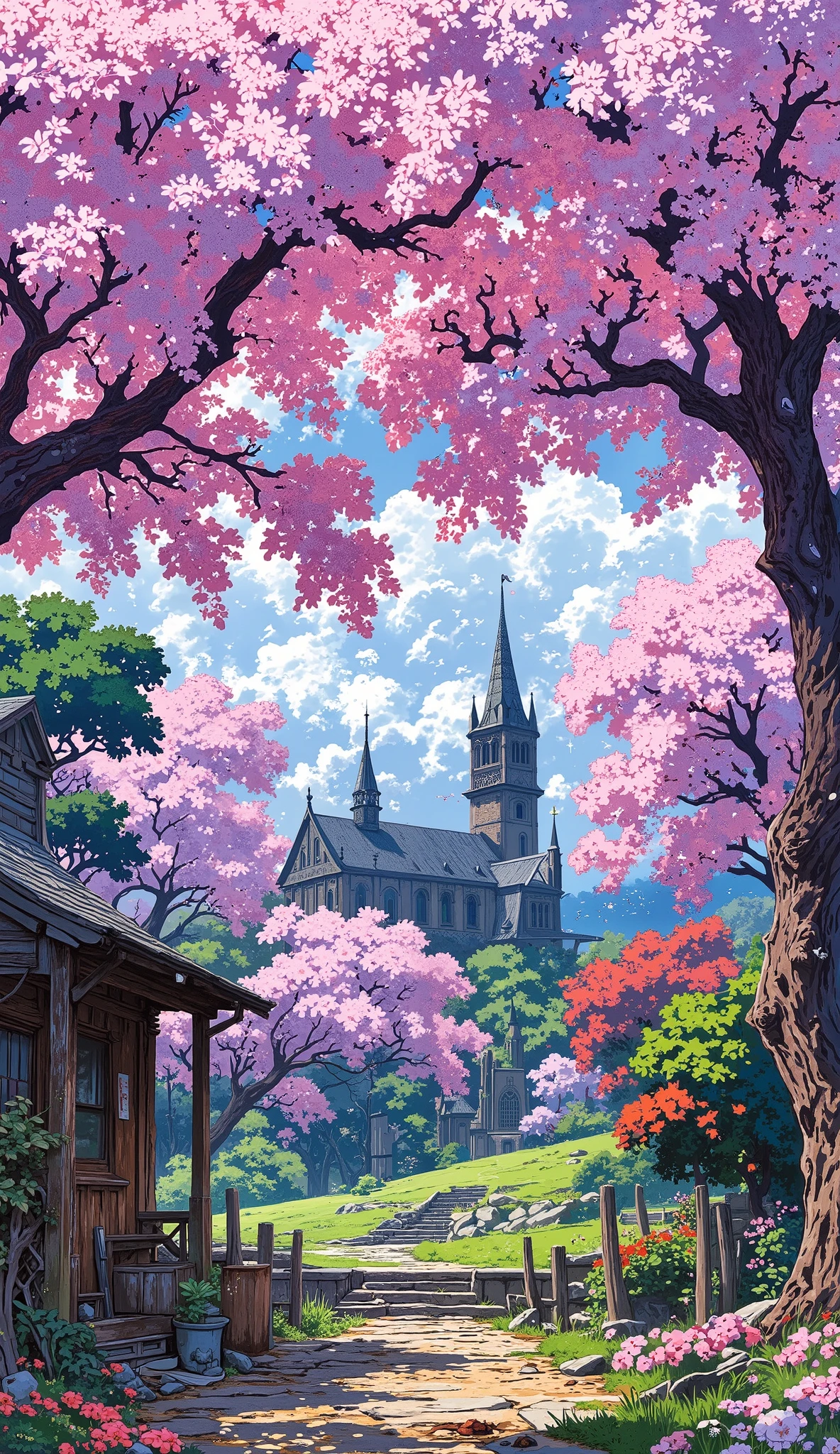 An ethereal wallpaper featuring pinkish purple cherry blossoms in full bloom, intertwining with symbols of peace and eternity: sleep token, ancient buildings, abandoned castles, cathedrals, and white mist. Beneath the delicate petals and ancient structures, a sense of tranquility and mystery permeates the scene. This enchanting image, resembling a painting, portrays a dreamlike world where time stands still and nature reigns supreme. The impeccable details and vibrant colors make this wallpaper truly captivating and awe-inspiring.